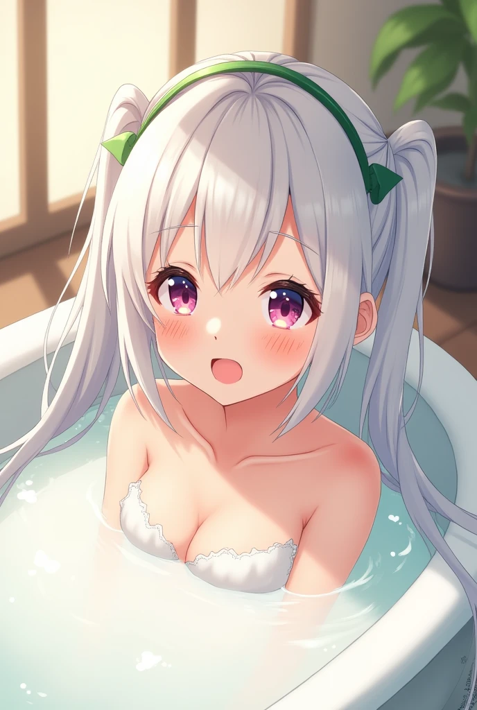 whitening skin, Completely naked,cute face, white hair with twintails, green hair band, take a bath with  milky white water, large and luxurious bathtub,cheeks turn red, anime style, Soak in hot water up to the nipples