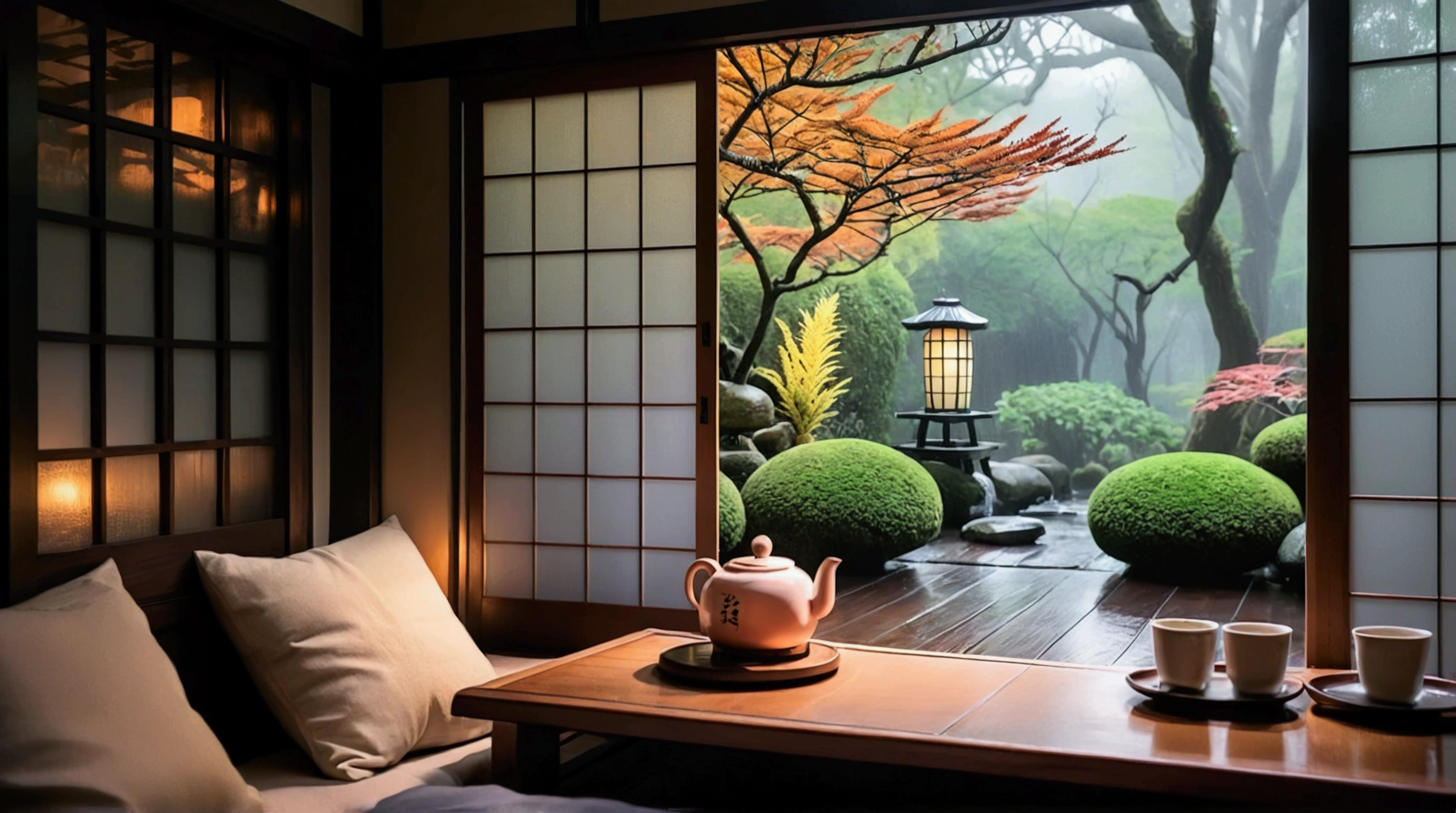 Inside a traditional Japanese room with wooden floors and sliding shoji doors, a serene scene unfolds as rain pours outside. The room is dimly lit with warm, soft light emanating from traditional lanterns, casting a gentle glow on the wooden table in the foreground. On the table, there is a teapot with a cup, suggesting a peaceful moment of tea drinking. Outside the window, a lush, moss-covered garden is drenched in rain, with large ferns and stones adding to the tranquil atmosphere. The rain is heavy, creating a sense of calm as it cascades down the window, and the overall ambiance is one of warmth and comfort, perfect for relaxation