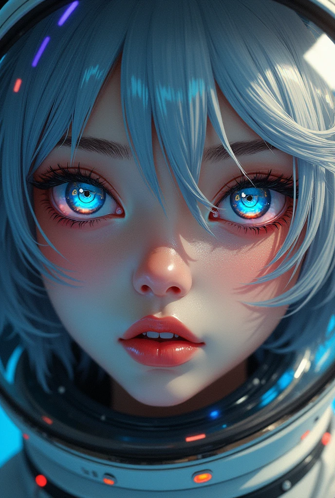 (Close-up of a better masterpiece:1.5)0.9], (Space and astronauts:1.2) (Messy silver hair:1.1) (Heterochromia xanthochromia and blue eyes:1.2) (Space Helmet:1.0) (Colored stars in the eyes:1.0) (A radiant glow:1.1) (thick lips:0.9)