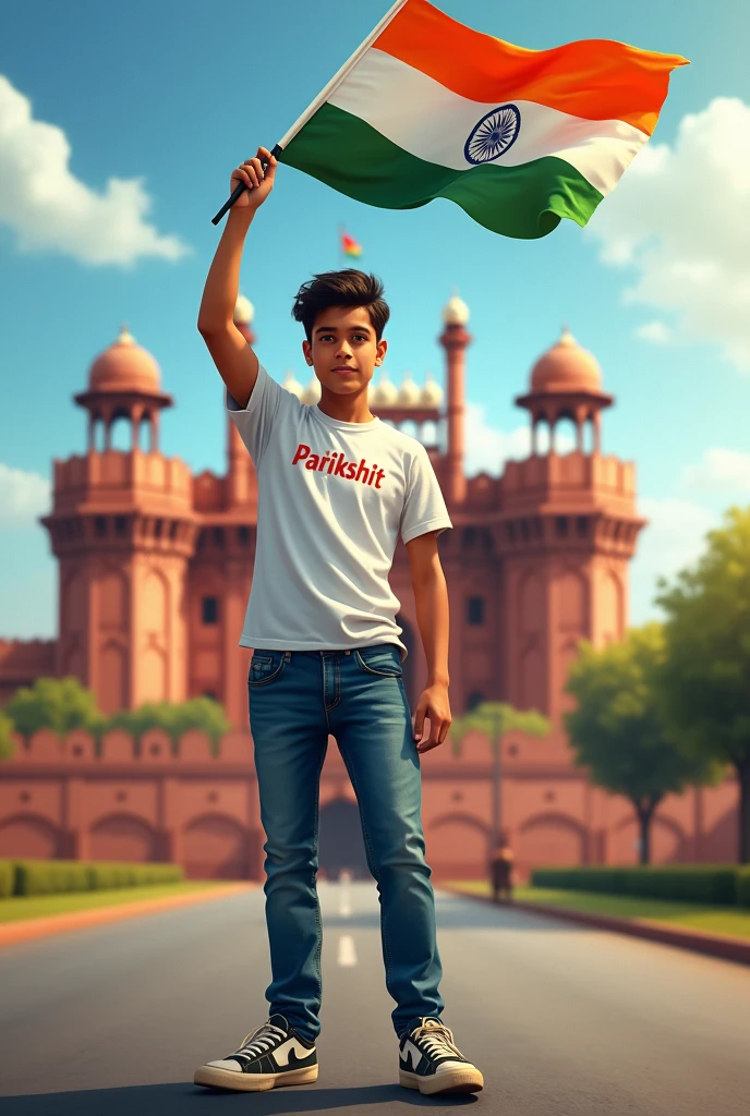Generate a Realistic 19 years old boy, Wearing White T shirt blue jeans sneakers and the name "Parikshit" is written on his t-shirt and the boy is standing on the road with holding a national flag of India, and behind him is the Red Fort Delhi. And written on sky "Independence Day" Create Realistic
image high quality