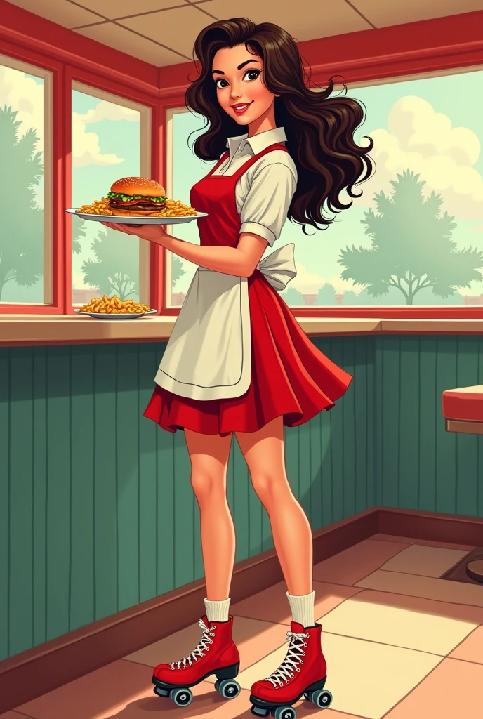 Create a retro vintage teenage waitress with dark brown wavy hair, with dark brown eyes, holding a tray with burger and fries, dressed in red and white skates, with a cool pose, 50s retro vintage style drawing, with logo.