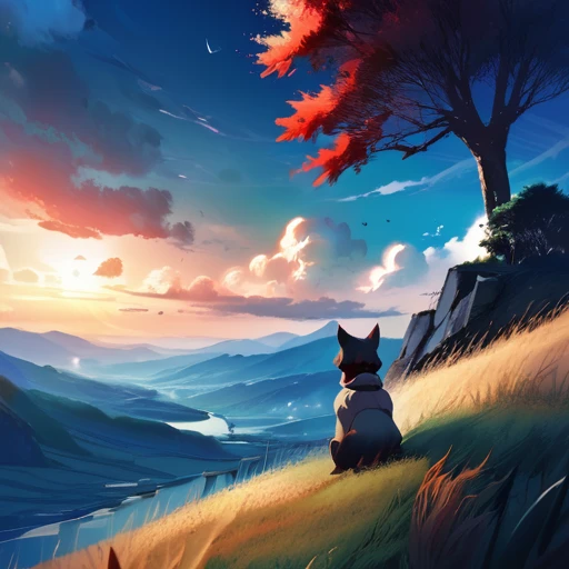 Requiem anime landscape of a girl&cute corgidog sitting on a hill with grasses with dark blue clouds, blue cere madder sky lightly big bell with few clouds, anime nature wallpapers, beautiful anime scene, beautiful anime peace scene, Makoto Shinkai Cyril Rolando, beautiful scene of anime, amazing wallpaper, anime art wallpaper 8k, anime background, art anime background, anime 4k wallpaper, anime art 4k wallpaper, anime art 4k wallpaper, prayer of requiem prayer of requiem