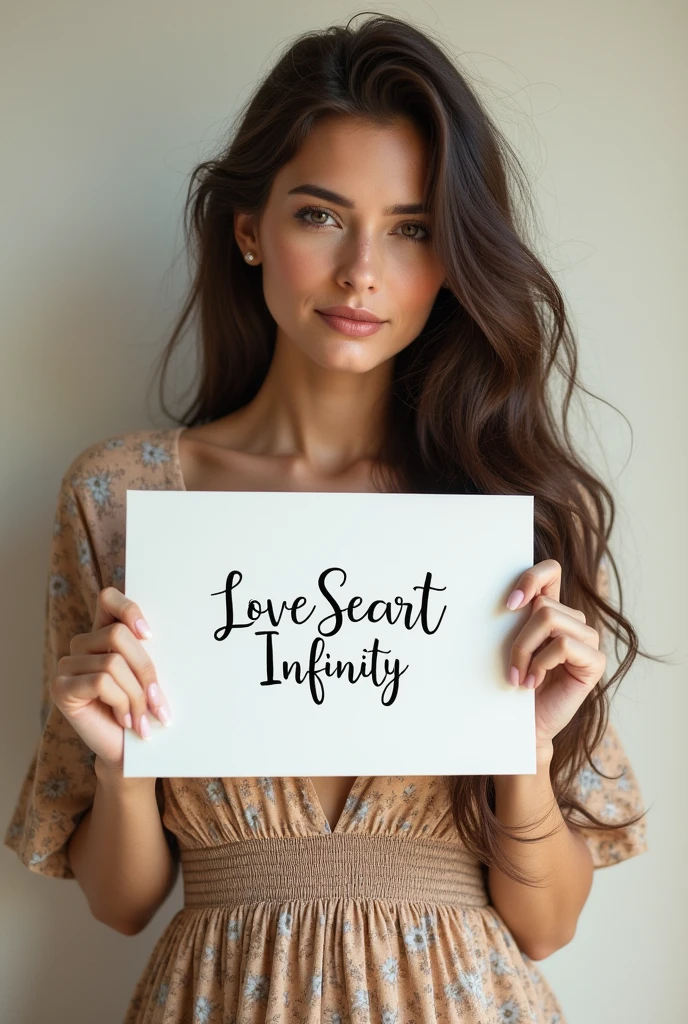 Beautiful girl with wavy long hair, bohemian dress, holding a white board with text "I Love Seaart Infinity" and showing it to the viewer