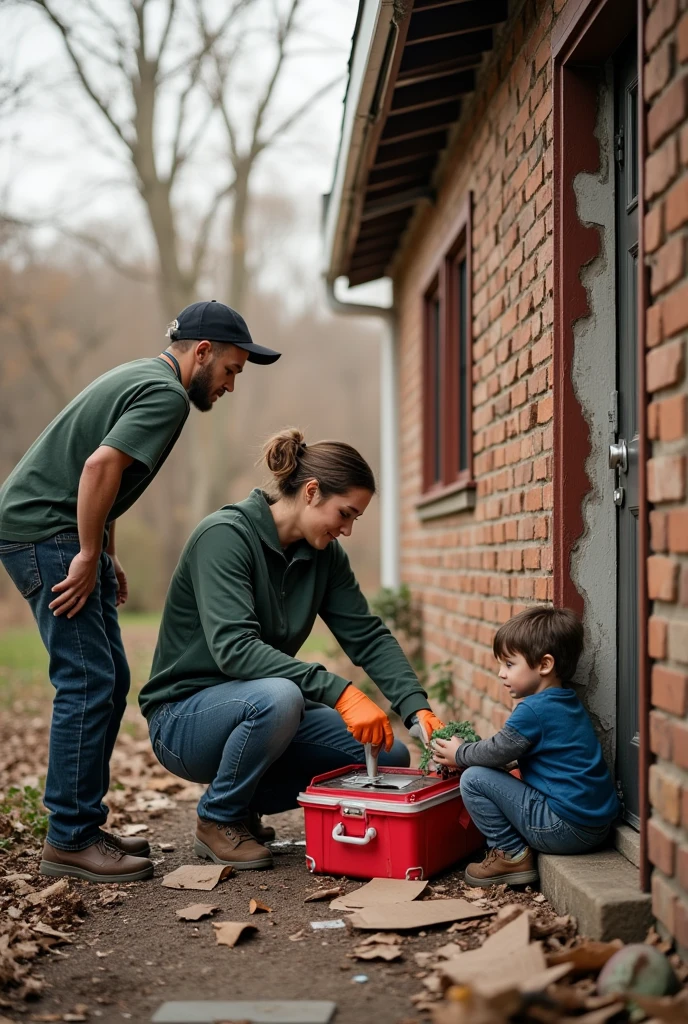 A family assessing the damage to their home and providing first aid