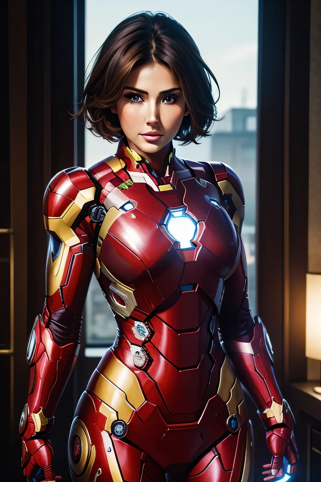 1 beautiful woman, dressed as a iron man, nice body, short hair, sexy look, looks like model Lucy Pinder, very intense makeup.