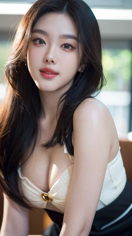 (a beautiful korean k-pop idol, Miss Thailand Universe winner, fashion model, extremely detailed face, beautiful eyes, elegant makeup, long silky hair, flawless skin, delicate facial features, gorgeous smile, ample bosom, perfect figure, fashionable clothing, dynamic pose, cinematic lighting, photorealistic, artistically rendered, vibrant colors, masterpiece, (best quality,8k,highres,professional,ultra-detailed,photo-realistic:1.37), SFW,)
