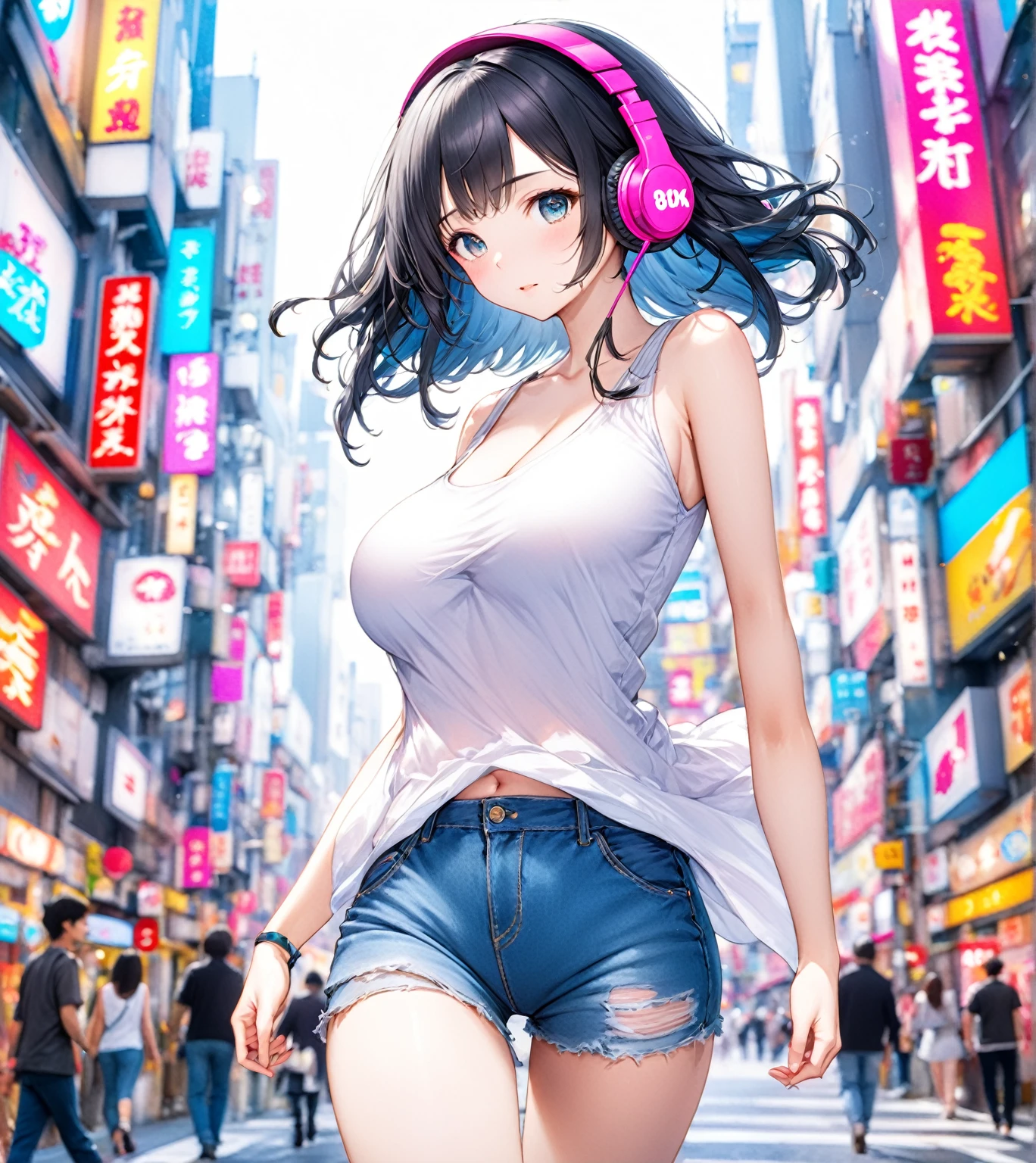 ((masterpiece,best quality anime,Highest quality:1.3)),realistic,cowboy shot,1woman,独奏,(30 year old beauty),((very small head:1.4)),((very long body:1.4)),(dark blue hair),straight long hair,(gorgeous big eyes),black eyes,smile,((slender body:1.4,skinny)),medium breasts,(White tube top shirt、navel,White pleated mini skirt),((white headphone)),oily skin:1.2,gleaming skin,shiny skin, bustling street、Cyberpunk World、