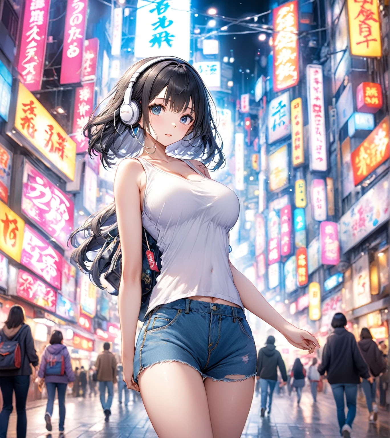 (Highest quality,8k,32K,masterpiece,Ultra-high resolution :1.2 ),born,One girl,Super cute,Natural light,Clear, shining eyes,20-year-old,Fair skin,A fantasy background of a Japanese Shibuya-esque electronic world,Black Hair,Tank top,Large Breasts,headphone,Walking,Her hair is fluttering,jeans