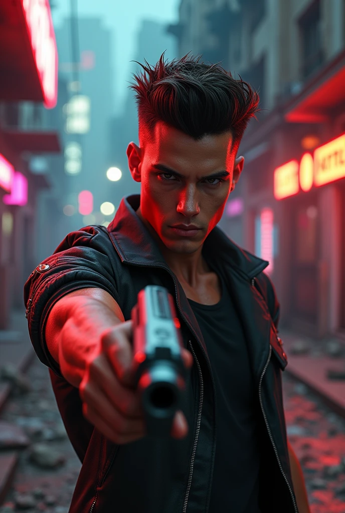 a photorealistic 3d render of a young handsome tan skinned male character, beautiful detailed eyes, beautiful detailed lips, extremely detailed face, longeyelashes, muscular body, dynamic pose, holding a gun, dramatic lighting, gritty post-apocalyptic urban environment, neon lights, graffiti walls, destroyed buildings, rubble, smoke, cinematic composition, vivid colors, hyper detailed, 8k, unreal engine