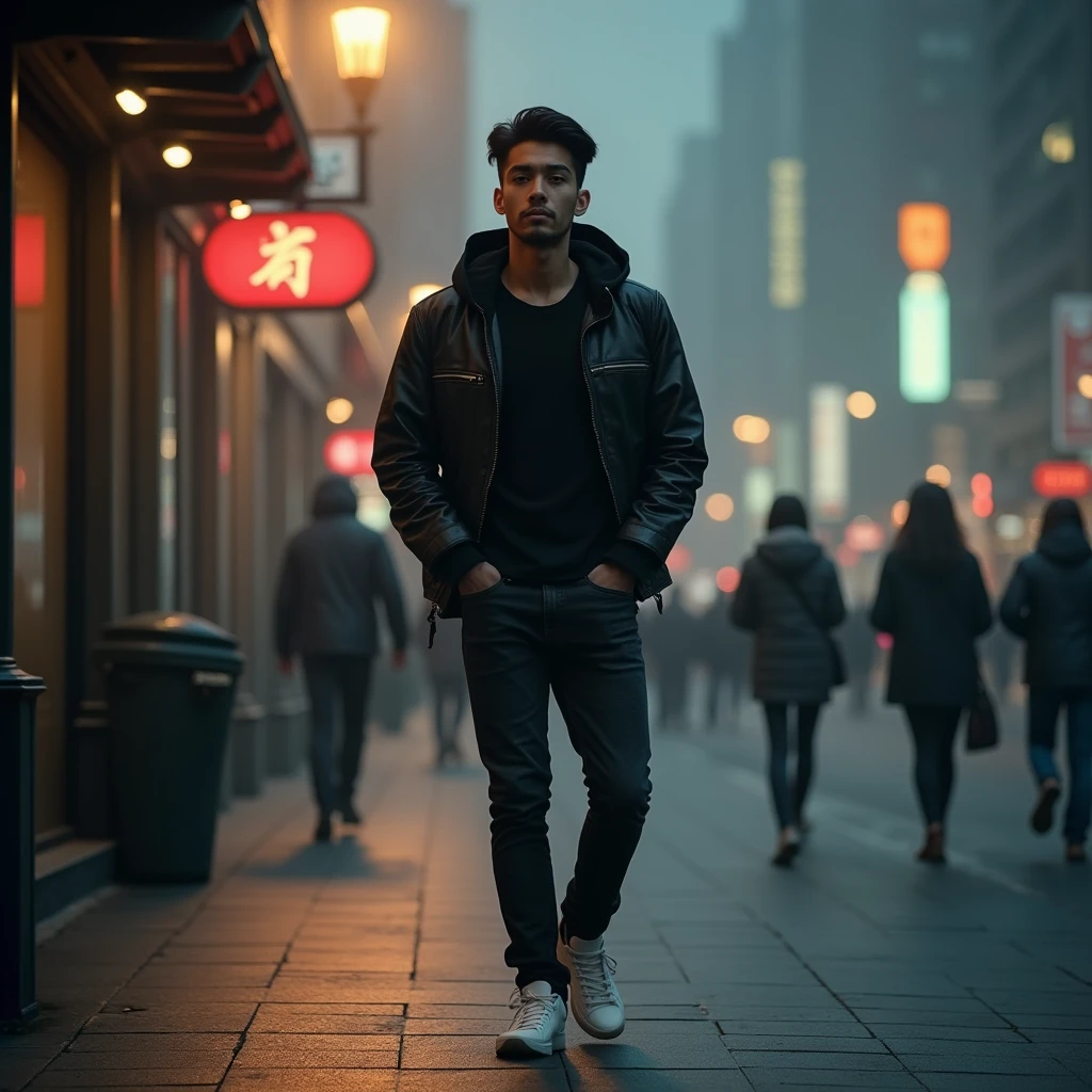 Young skinny asian man with comb over hair, wearing black tshirt, leather jacket with hoodie, black jeans and white sneakers. Walking on sidewalk, dramatical street lamp light, with misterious misty cityscape, other Pedestrian is walk by at the distance. Other Pedestrians move make a motion blur effect, but high detail on main subject