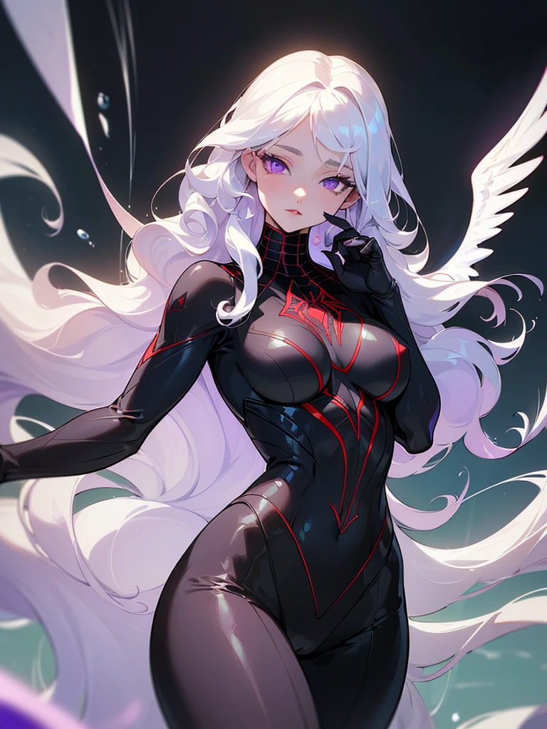 ((ultra quality)), ((masterpiece)), ((Water)), ((fire)), ((Angelic beauty woman)), ((long white curly hair)), ((White hair)), ((White hair)), ((curly hair)), (beautiful face), (beautiful female lips), Enchanting ((Seductive facial expression)), looks at the camera with a slight smile, (White skin color), (White skin), glow on the body, ((detailed eyes)), ((violet eyes)), (juicy female lips), (dark eyeliner), (beautiful female hands), ((thick body)), ideal female body, ((black spiderman suit)), beautiful waist, beautiful big hips, big breasts, thick thighs, ((Subtle and beautiful)) (), ((depth of field)), ((high quality clear image)), (delete details), ((High detail)), ((clear focus))