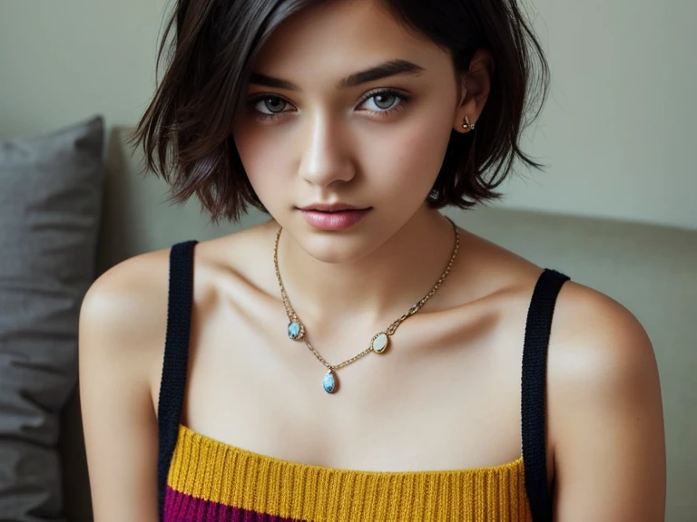 1girl in, 18, Solo, short hair, Colossal , Looking at Viewer, dark hair, Bare shoulders, black eyes, jewelry, half body, necklace, off shoulders, colorful Sweaters, Realistic, sexy, charming