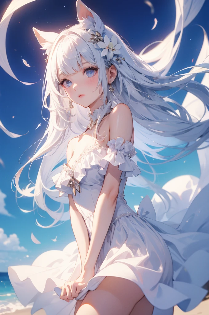 Full-length portrait of a girl,White dress,White panties,Small Bust