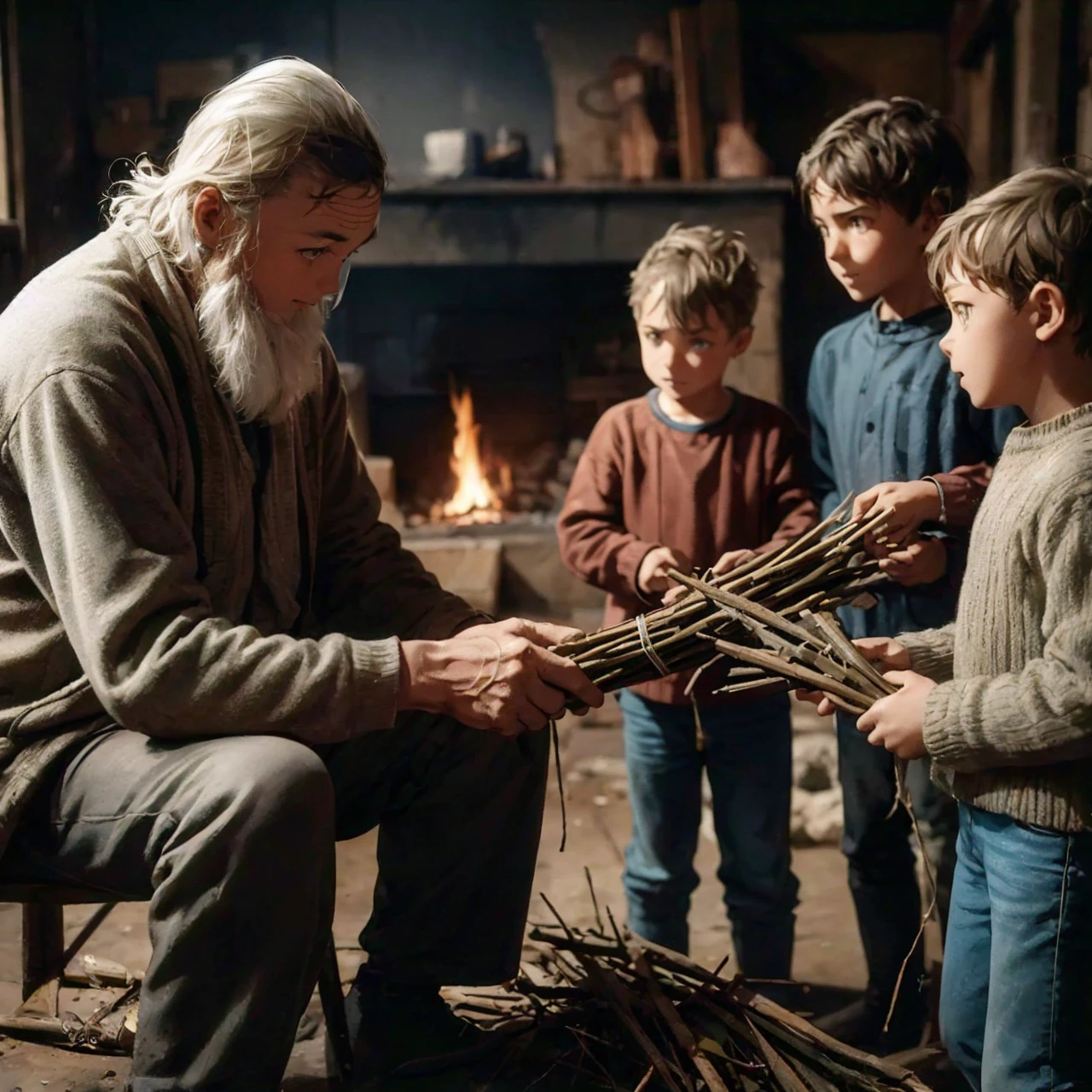 14. Generate an image of the three sons standing together, united.