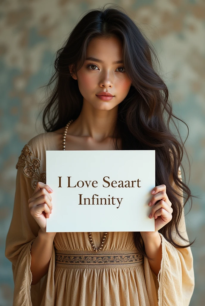 Beautiful girl with wavy long hair, bohemian dress, holding a white board with text "I Love Seaart Infinity" and showing it to the viewer