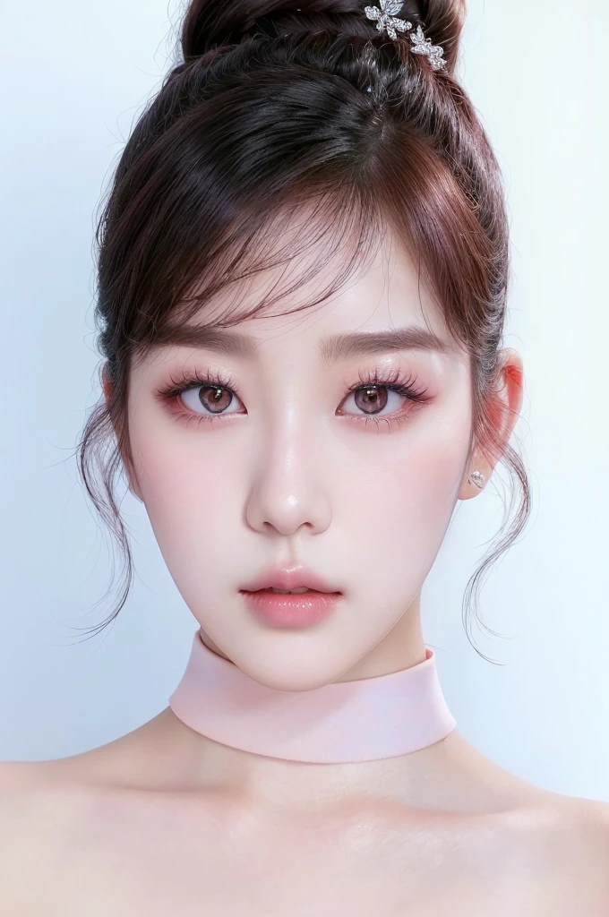 There is a woman with a pink choker and a pink choker., South Korean popular makeup, popular korean makeup, Young adorable korean face, Jinyoung Shin, beautiful south korean woman, korean face features, parque me, pale korean adorable face, korean symmetrical face, bae joo-hyun, Irene de Red Velvet beautiful aesthetic beak, Beautiful young Korean woman