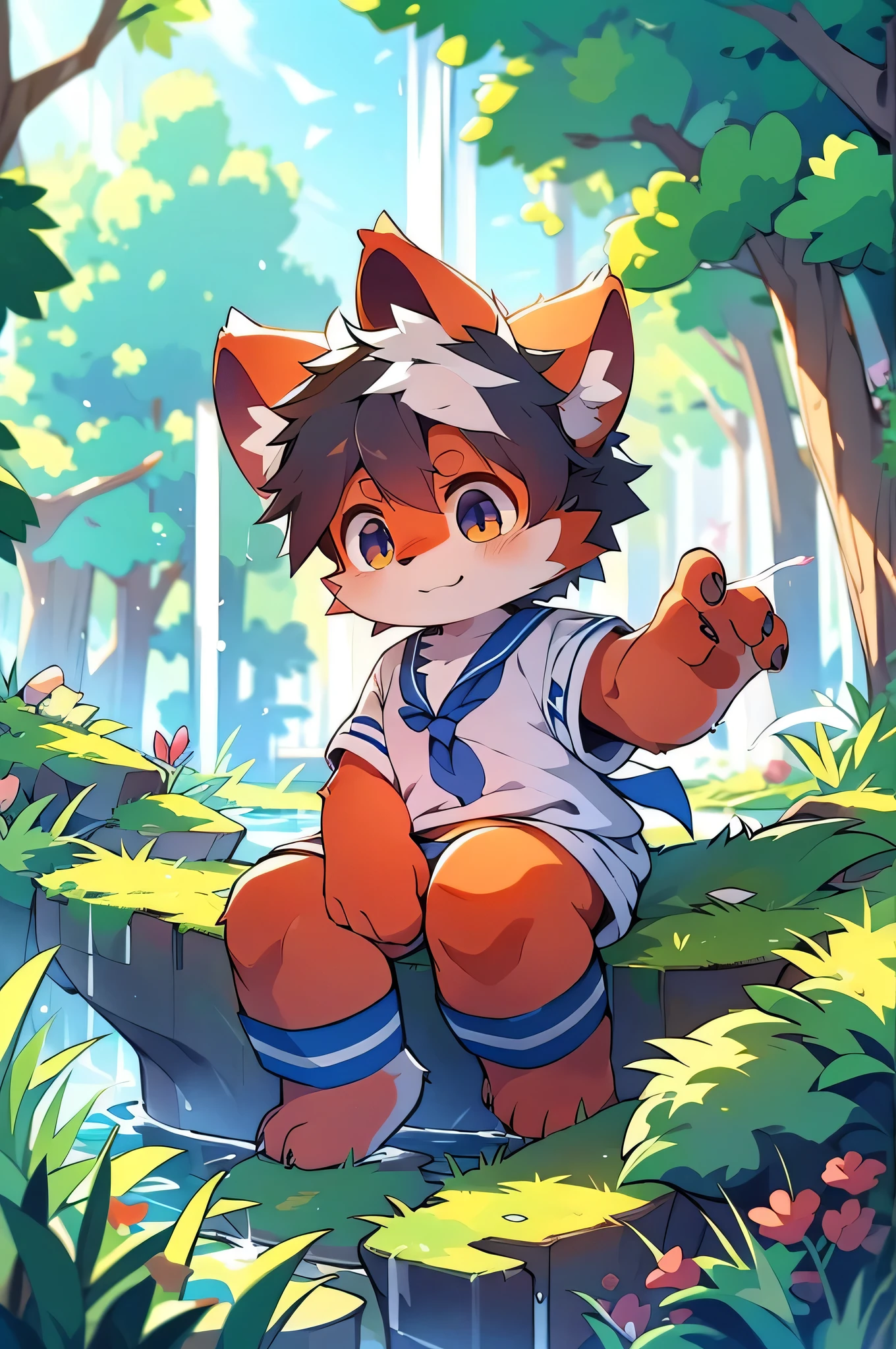 Dagashi,Hair growing all over the body,Red fur,Red face,Gray Hair,Mammals,male,Libido boy,Red face fur,Fluffy tail,10 years old,Shining Eyes,Panoramic View:1.2,Character Focus,((Wearing a sailor uniform,River side,waterfall,nature,beautiful))alone