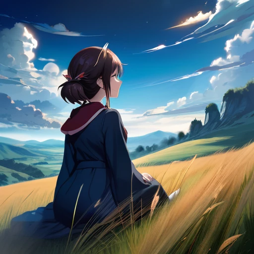Requiem anime landscape of a girl&cute corgidog sitting on a hill with grasses with dark blue clouds, blue cere madder sky lightly big bell with few clouds, anime nature wallpapers, beautiful anime scene, beautiful anime peace scene, Makoto Shinkai Cyril Rolando, beautiful scene of anime, amazing wallpaper, anime art wallpaper 8k, anime background, art anime background, anime 4k wallpaper, anime art 4k wallpaper, anime art 4k wallpaper, prayer of requiem prayer of requiem