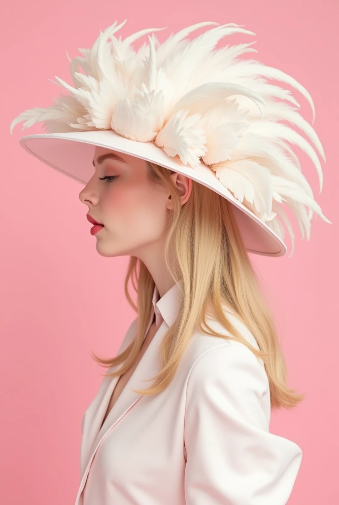 A blonde girl wearing a white hat made of flamingo feathers,The background is pink,With pink hue, Detailed illustrations in the style of Hugh Kretschmer and Nicoletta Ceccoli,Features magical realism style and soft pink color, Use a pastel pink color scheme,With symmetrical composition and simple design,Similar to fashion magazine covers or editorial photography.