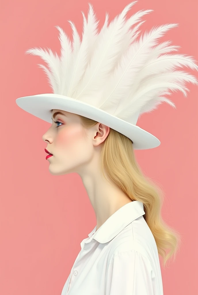 A blonde girl wearing a white hat made of flamingo feathers,The background is pink,With pink hue, Detailed illustrations in the style of Hugh Kretschmer and Nicoletta Ceccoli,Features magical realism style and soft pink color, Use a pastel pink color scheme,With symmetrical composition and simple design,Similar to fashion magazine covers or editorial photography.