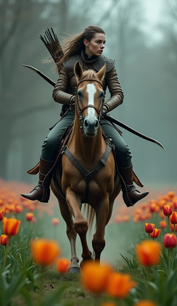 black fantasy, sinister atmosphere, Female elf archer, light leather armor, fast gallop on horseback through a field of wild tulips, detailded, profile pic, full body shot shot, disheveled hair from running, wide-angle shot