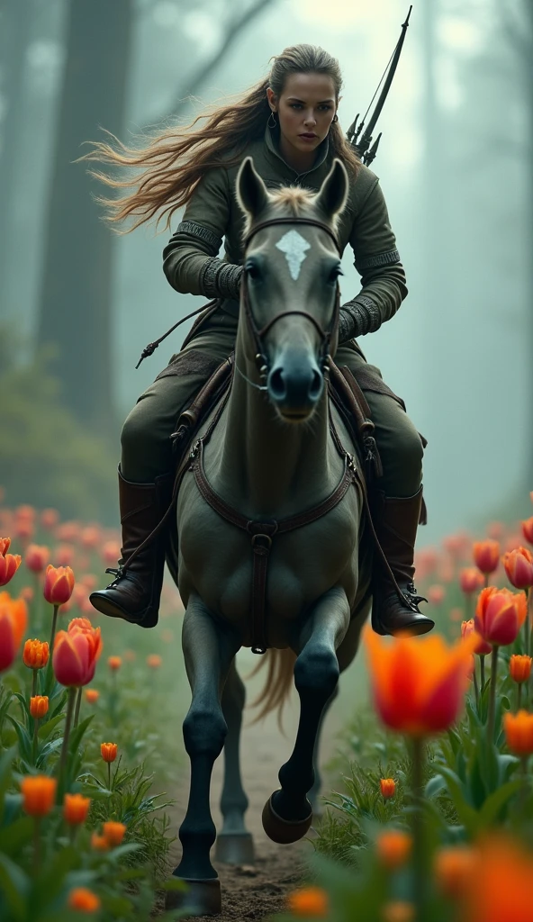 black fantasy, sinister atmosphere, Female elf archer, light leather armor, fast gallop on horseback through a field of wild tulips, detailded, profile pic, full body shot shot, disheveled hair from running, wide-angle shot