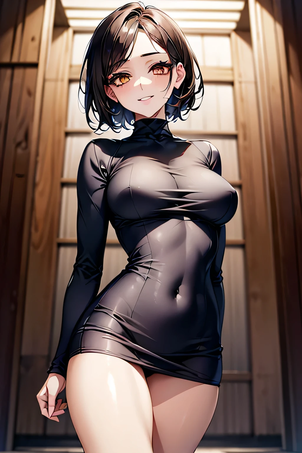 Very detailed, beautiful, Highest quality, detailed beautiful round eyes, beautiful detailed face, Whole Body Ezbian, 1 female, Bob Hair, (Random color hair, Golden mesh), Long eyelashes, Thick mascara, Dark eyeliner, Toned thighs, 40 years old, (Random color turtleneck tight dress), Perfect Face, Perfect body, Sexy pose, (A charming smile), Random Location, nature, (Background Asahi), (alone), ((masterpiece, Highest quality, High resolution, Pixel Perfect, 8k,))