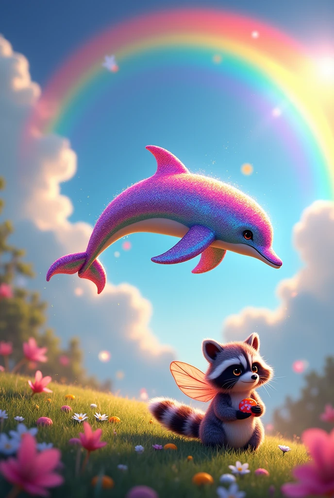 Make a colorful glitter-filled dolphin flying under a rainbow with a fairy-winged raccoon eating candy