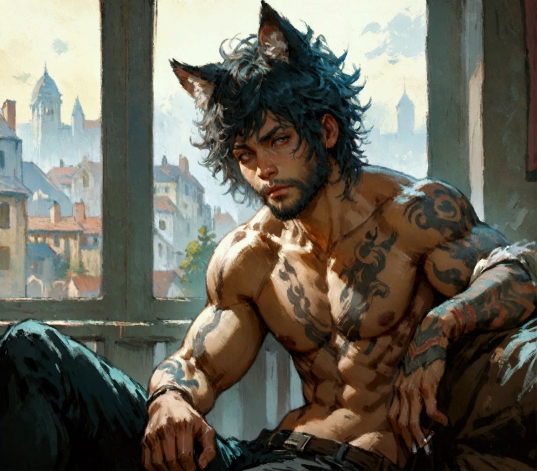 "official art", "Realistic Digital Painting with Concept Art Elements"," digital painting," "concept art," "realistic," , "detailed environment: , "high detail", "detailed face", "high-res", "ominous aura,", "8k resolution", "oil painting", "graded colors", "darker tone" , "little saturation" ,"professionally colored", "detailed features" , "detailed eyes", "full body", "apartment background" , "1man" , "scruffy raven color hair" , "wolf ears" , "wolf tail" , "sharp canines" , "attractive" , "muscular" , "shirtless" , "modern times" , "sitting" , "sexy" , "himbo" , "amputated right arm" , "full body shot" , "holding cigarette in left hand" , "tattooed left arm" , "big man" , "large stature" , "imposing"