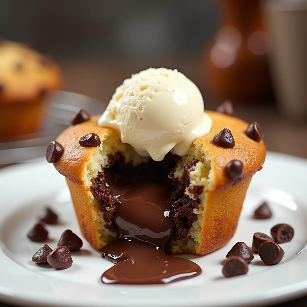 Chocolate chip muffin with melted chocolate inside and a scoop of vanilla ice cream on top of the muffin 
