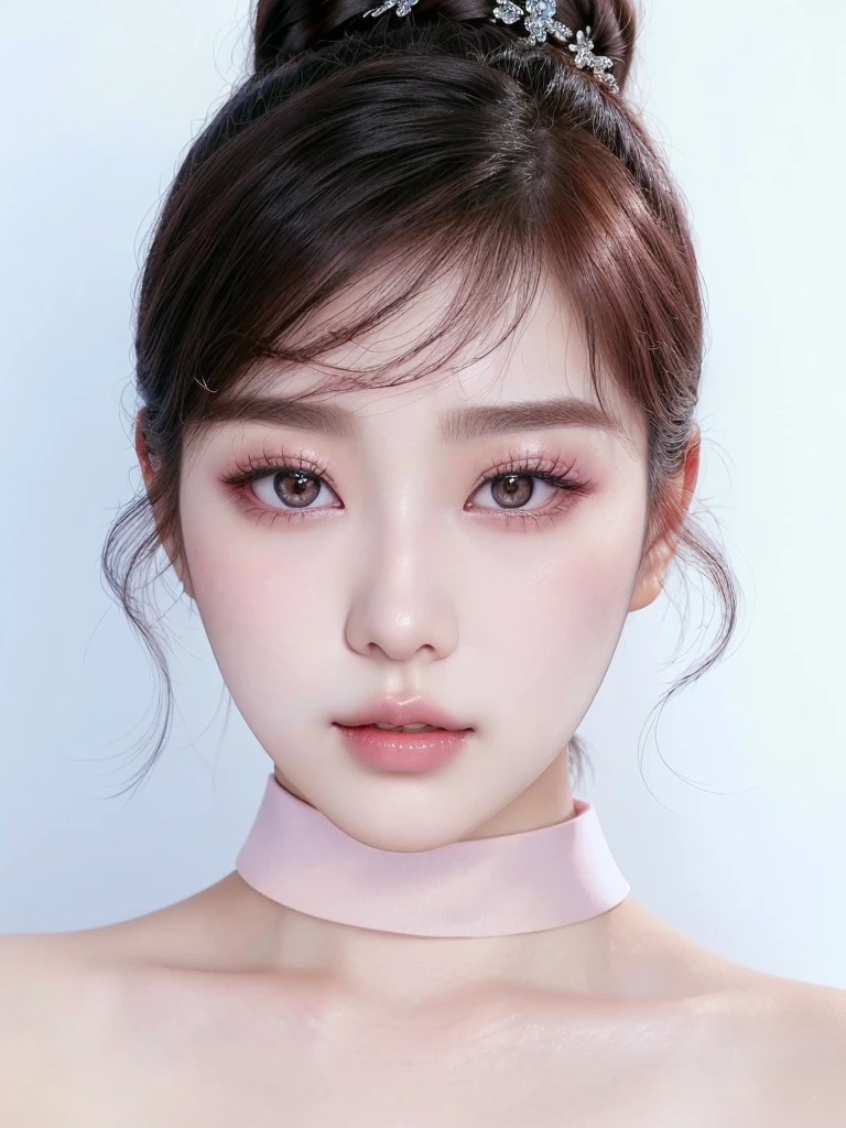 There is a woman with a pink choker and a pink choker., South Korean popular makeup, popular korean makeup, Young adorable korean face, Jinyoung Shin, beautiful south korean woman, korean face features, parque me, pale korean adorable face, korean symmetrical face, bae joo-hyun, Irene de Red Velvet beautiful aesthetic beak, Beautiful young Korean woman