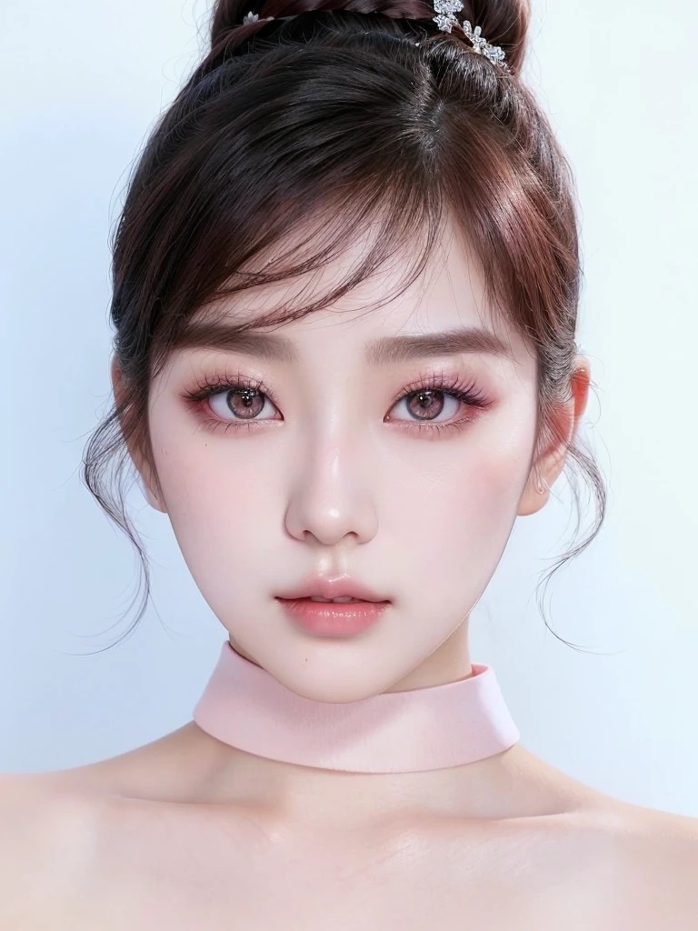 There is a woman with a pink choker and a pink choker., South Korean popular makeup, popular korean makeup, Young adorable korean face, Jinyoung Shin, beautiful south korean woman, korean face features, parque me, pale korean adorable face, korean symmetrical face, bae joo-hyun, Irene de Red Velvet beautiful aesthetic beak, Beautiful young Korean woman