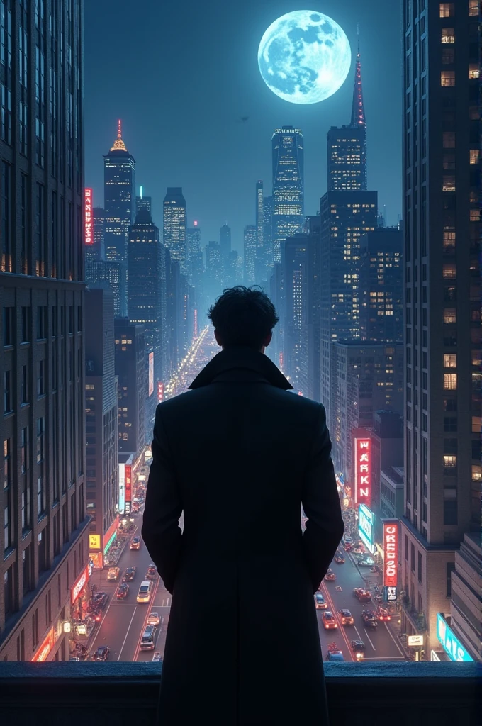 A character from Worners Brothers looking at New York at night 
