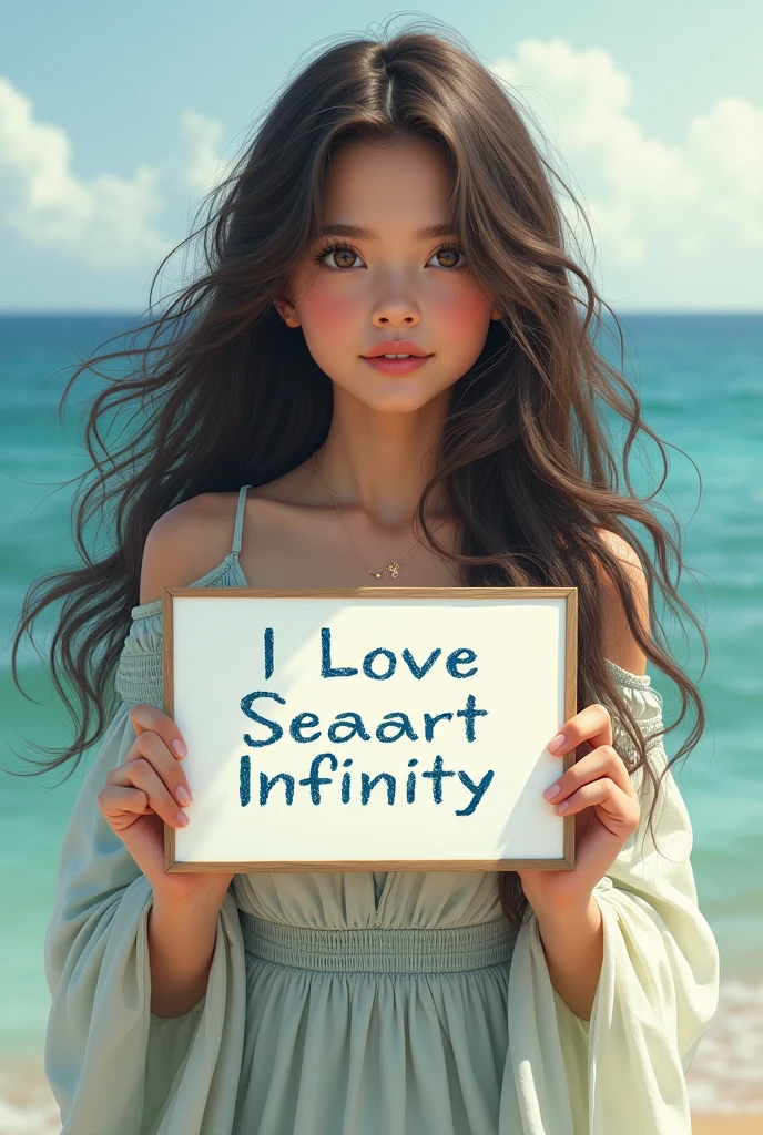 Beautiful girl with wavy long hair, bohemian dress, holding a white board with text "I Love Seaart Infinity" and showing it to the viewer