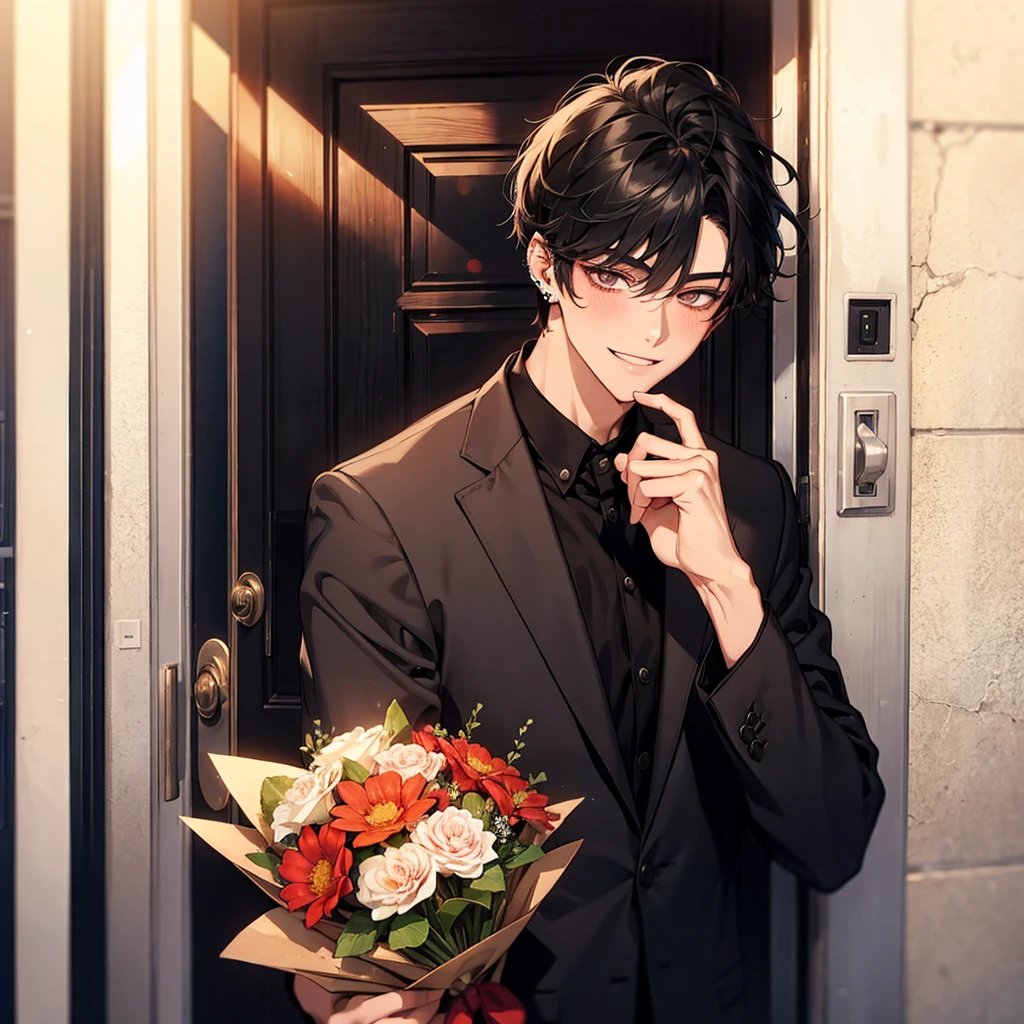 young guy, smiling, giving a bouquet of flowers, blushing, street background, POV you are opening the door to him, handsome, almond eyes, black hair, piercings, deliquent looks