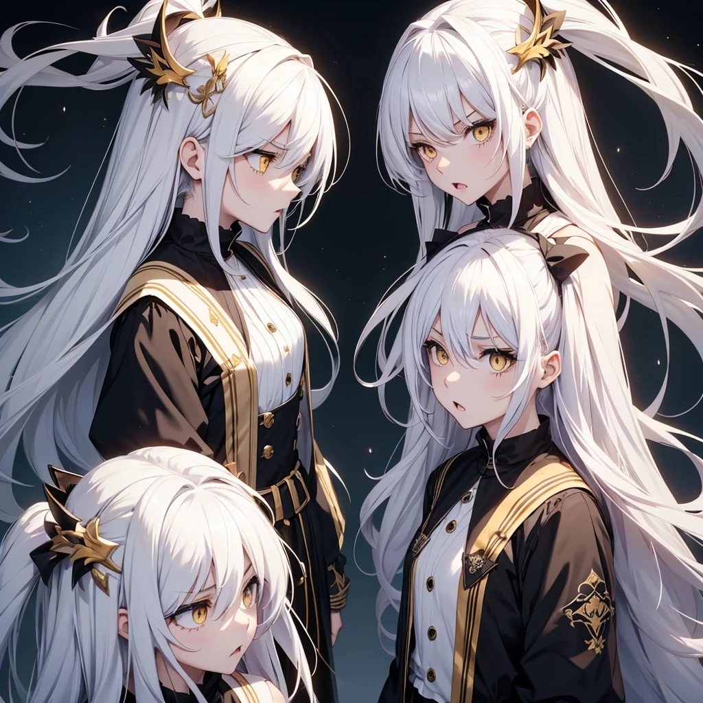 create 2 twin girls arguing with angry expressions, long white hair and yellow eyes.