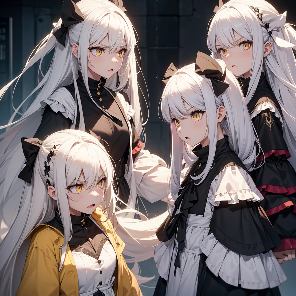 create 2 twin girls arguing with angry expressions, long white hair and yellow eyes.