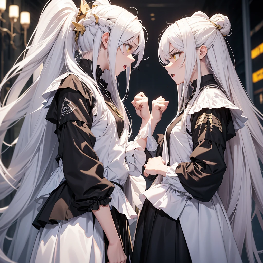 create 2 twin girls arguing with angry expressions, long white hair and yellow eyes.