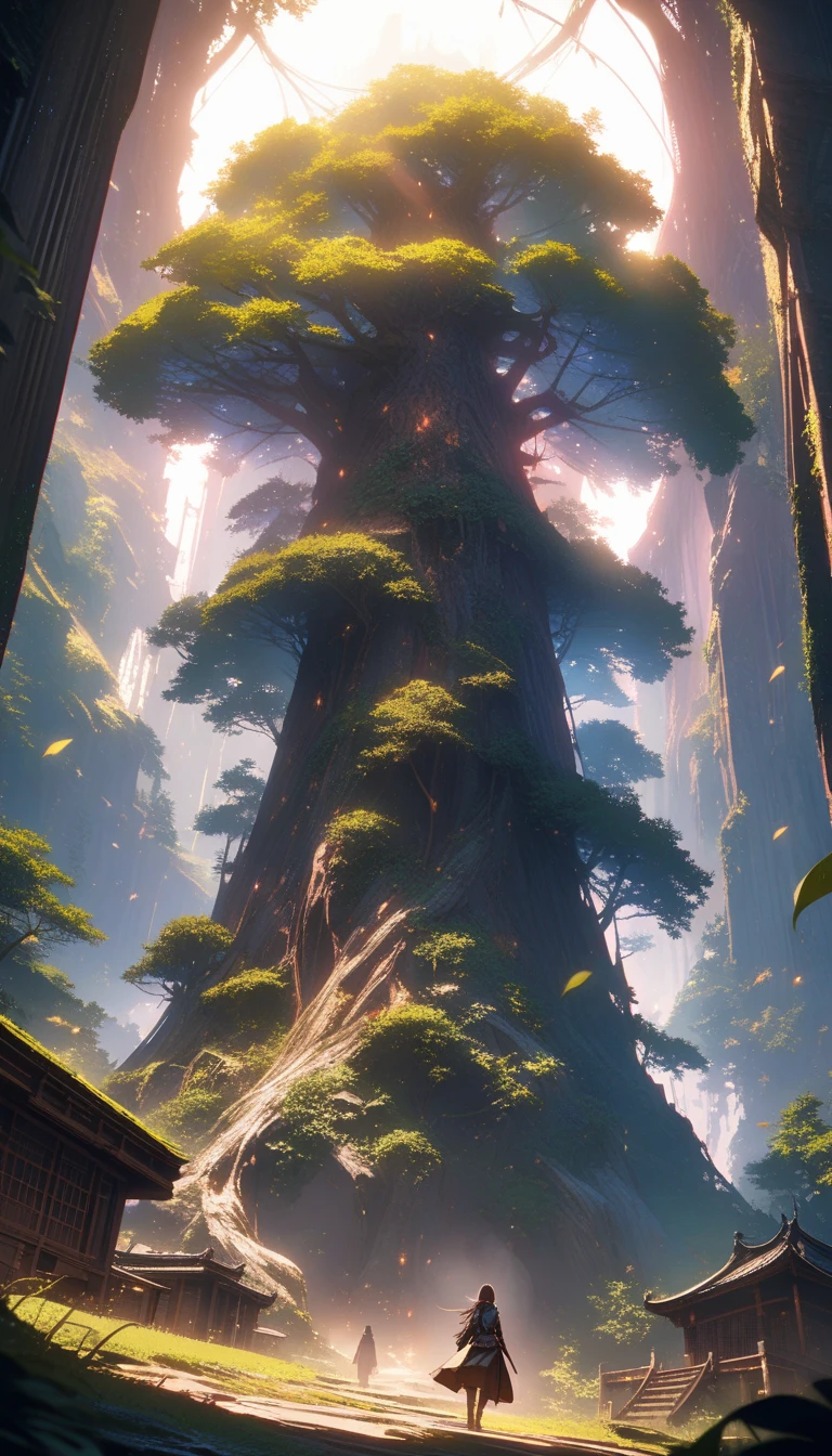 masterpiece, Highest quality, Very detailed, High resolution, High resolution, Realistic, depth, Fine texture, Super Fine, Total concentration, (Low angle shot), Exciting scenes, Dramatic lighting, Vibrant colors, Very detailed, Intricate details, Volumetric lighting, Lens flare, Dynamic configuration, Action-packed moments, Epic Scale, Breathtaking views, Immersive atmosphere, Cinematic Light, Stunning perspective, (A huge ancient tree towers over a small village), Majestic and awe-inspiring, Outward extending leaves and roots, The villagers are in awe, Light shining through the leaves, 大気のdepth, Very detailedテクスチャ, 超Realisticで魔法のような環境.