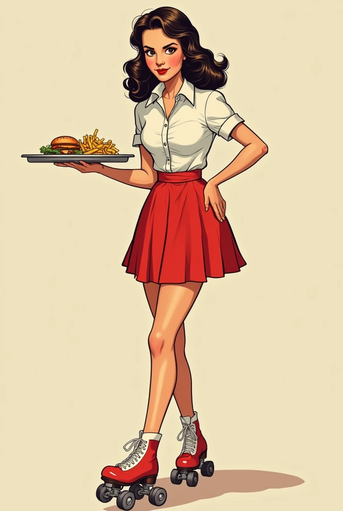 Create a retro vintage teenage waitress with dark brown wavy hair, with dark brown eyes, holding a tray with burger and fries, dressed in red and white skates, with a cool pose, old style drawing 50s retro vintage 