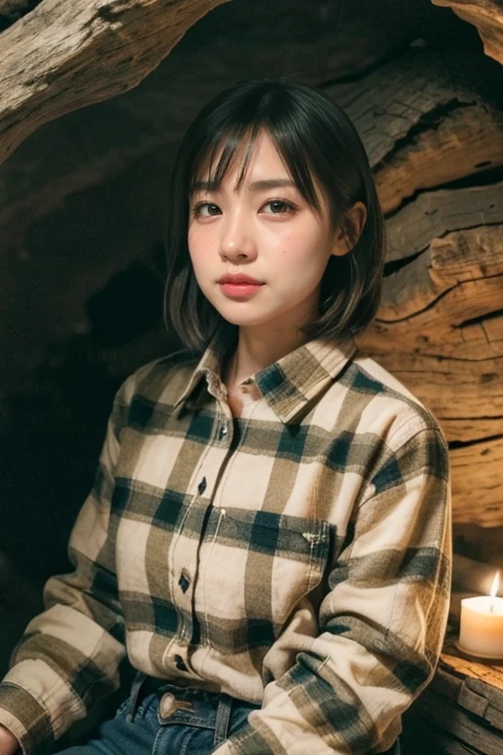 photograph of a woman, (troubled facial expression), textured skin, goosebumps, plaid flannel shirt with distressed boyfriend jeans, cowboy shot, dark and mysterious cave with unique rock formations and hidden wonders, perfect eyes, (candlelight, chiaroscuro), Porta 160 color, bokeh, sharp focus on subject, very short cut hair