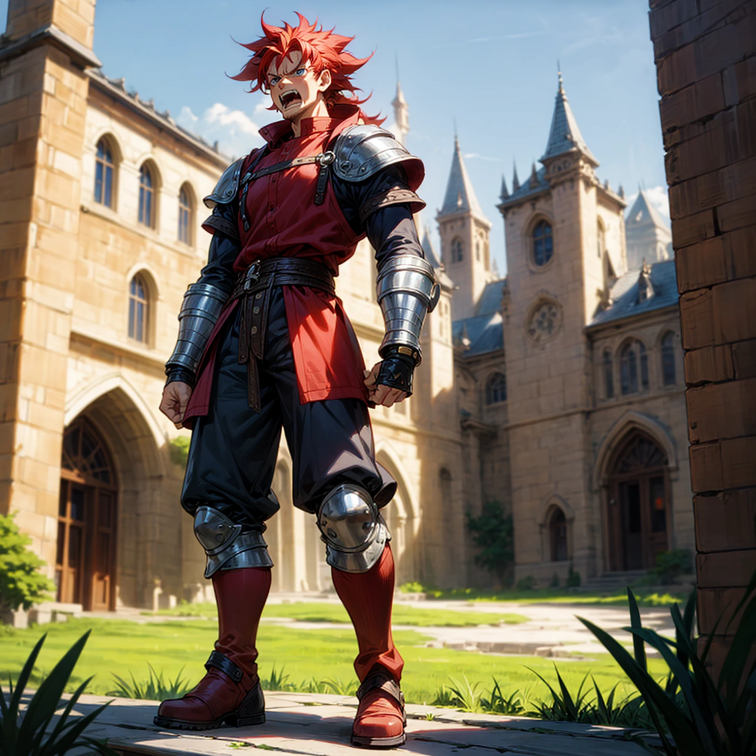 Solo character, full body version, old man, big muscle, blue eyes, red hair, long curly mohawk, casual clothing, short pants, Boots, outdoor, village, medieval, morning, standing gesture, detailed background, detailed clothing, detailed hair, angry eyes, open mouth, (one piece style art)