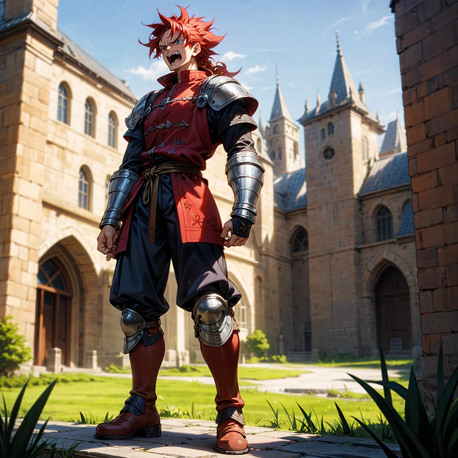 Solo character, full body version, old man, big muscle, blue eyes, red hair, long curly mohawk, casual clothing, short pants, Boots, outdoor, village, medieval, morning, standing gesture, detailed background, detailed clothing, detailed hair, angry eyes, open mouth, (one piece style art)