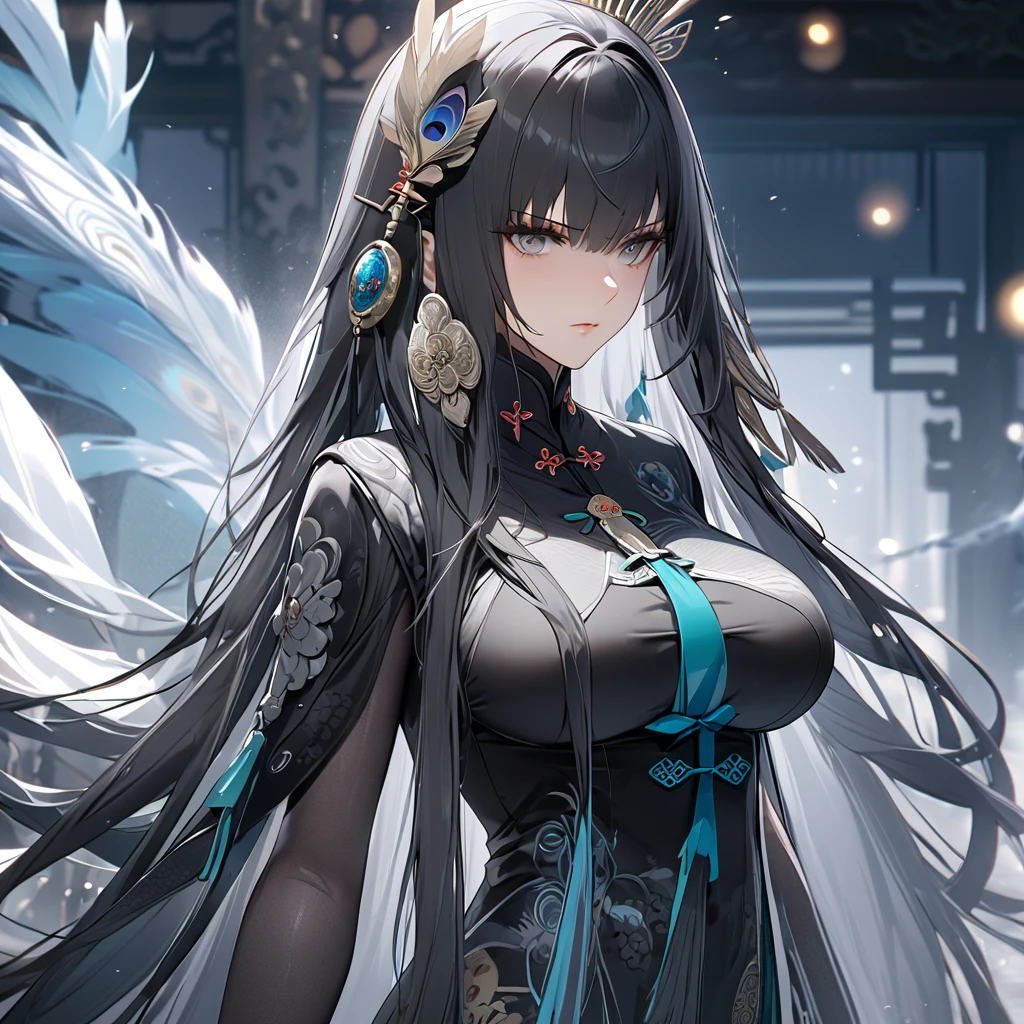 A woman with dark gray hair, long hair, diamond barrette in her hair, gray eyes, wearing black Chinese attire with white details, with peacock feather sleeves, ice power, standing, thigh exposed, in a large room with Chinese aesthetics, cold fog in the background, serious face, big breasts. Punishing_Gray_raven, Qu. UHD, masterpiece, accurate, anatomically correct, textured skin, super detail, high quality, best quality, 8k, high resolution, bokeh effect.(solo woman),white gloves, close view.
