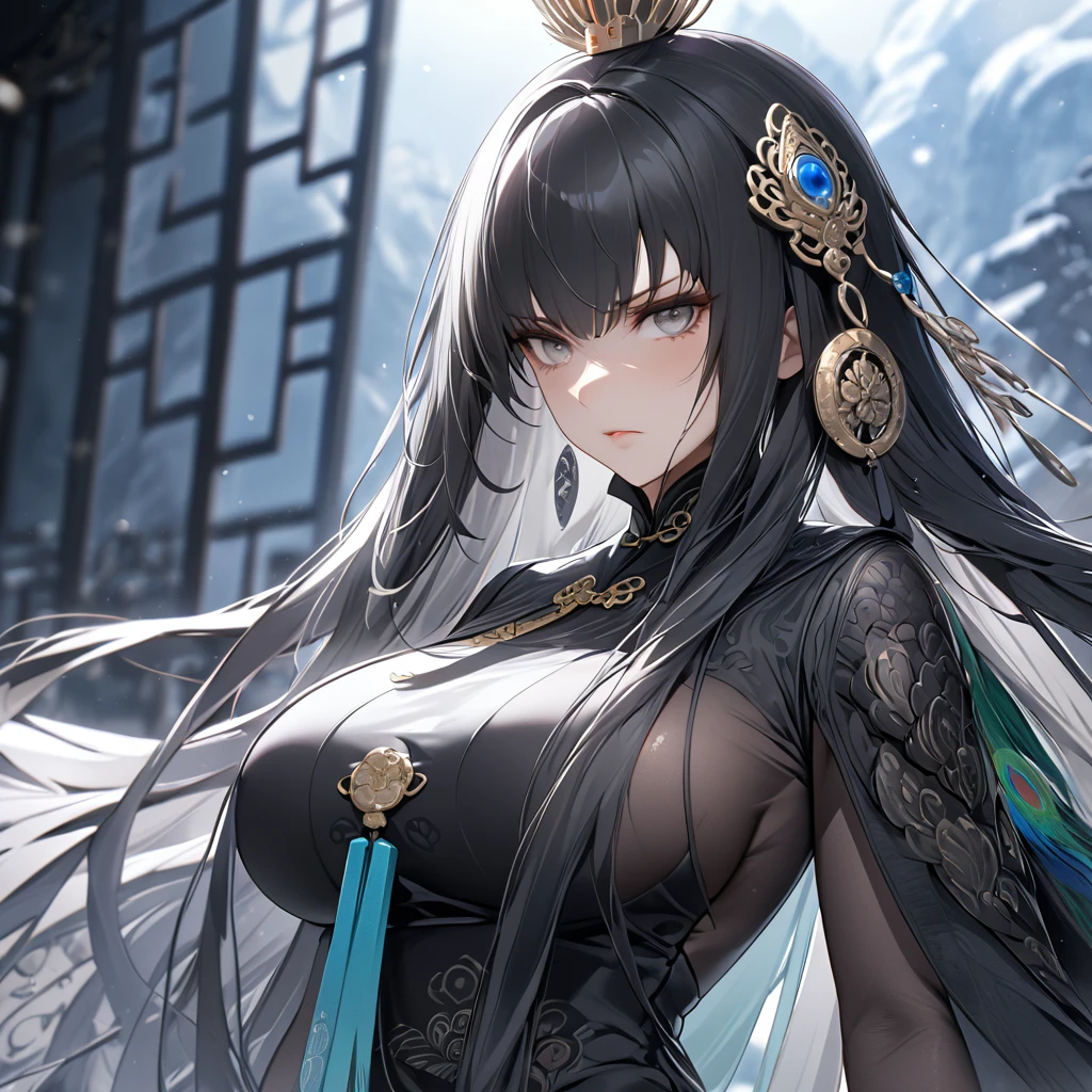 A woman with dark gray hair, long hair, diamond barrette in her hair, gray eyes, wearing black Chinese attire with white details, with peacock feather sleeves, ice power, standing, thigh exposed, in a large room with Chinese aesthetics, cold fog in the background, serious face, big breasts. Punishing_Gray_raven, Qu. UHD, masterpiece, accurate, anatomically correct, textured skin, super detail, high quality, best quality, 8k, high resolution, bokeh effect.(solo woman),white gloves, close view.
