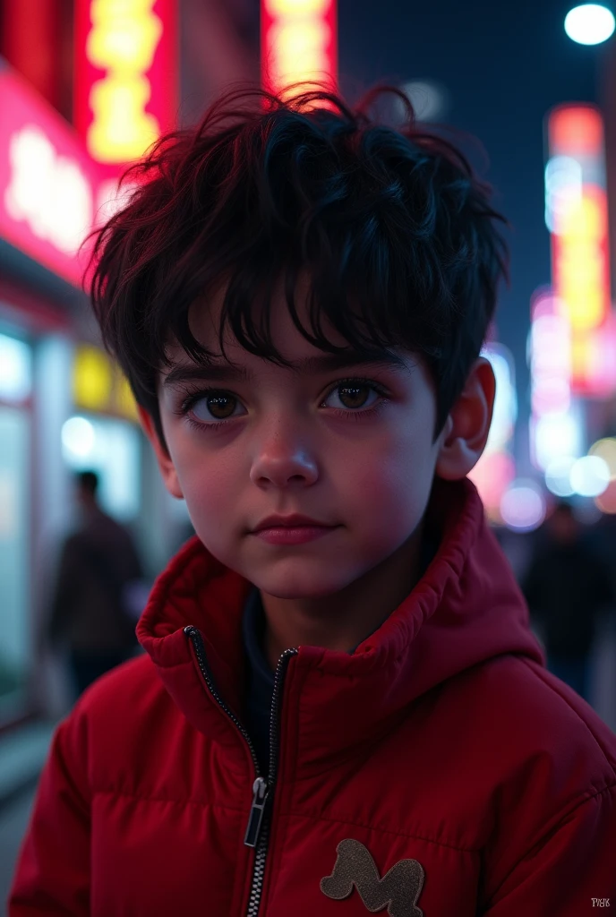 a dark-haired boy with striking eyes, beautiful detailed lips, extremely detailed facial features, long eyelashes, wearing a fiery red jacket, in an urban setting with neon lights, cinematic lighting, moody atmosphere, vibrant colors, 8k, high quality, photorealistic