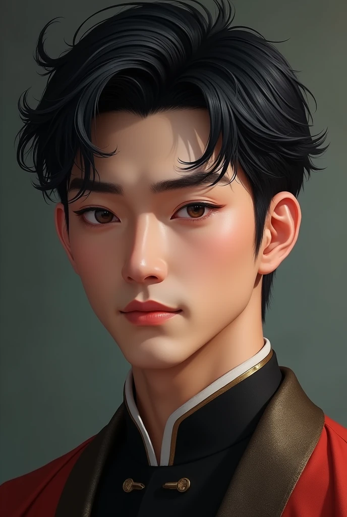 create a super realistic 18 year old. He has to have oriental features, Very beauthful, Cao Cao, brawny, black hair and eyes. He has a serious face, but in the image he hints at a smile while at the same time having an air of mystery. He has a beardless face and short hair and is very attractive.