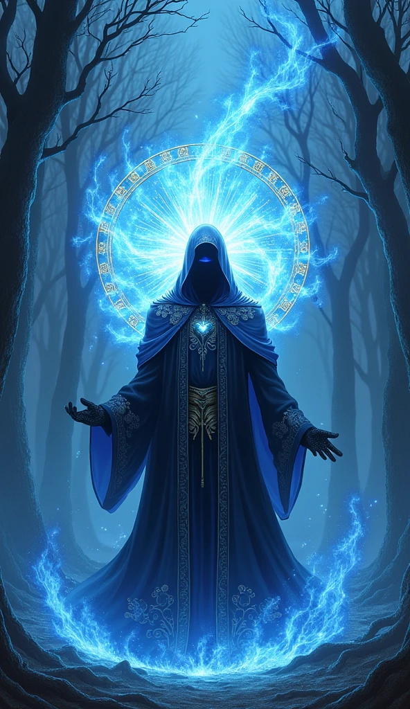 "Front-facing full-body illustration of Mirage, the shadow magician who performs the ultimate spell 'Blue Catastrophe' by Yoshitaka Amano. Wearing a long black robe with intricate silver embroidery, Mirage wears a pale blue He stands in the center of a mysterious forest with shining eyes.A golden magic circle appears behind him as he unleashes a special attack.The ancient magic wand visible under his hood is filled with blue flames. Summoning a huge tornado of energy, countless blue magic arrows rain down on his enemies, each leaving a shimmering trail.The forest around him is bathed in an eerie blue light, and tendrils of mist create a mystical atmosphere. Photographed with an EOS 5D digital SLR camera.
