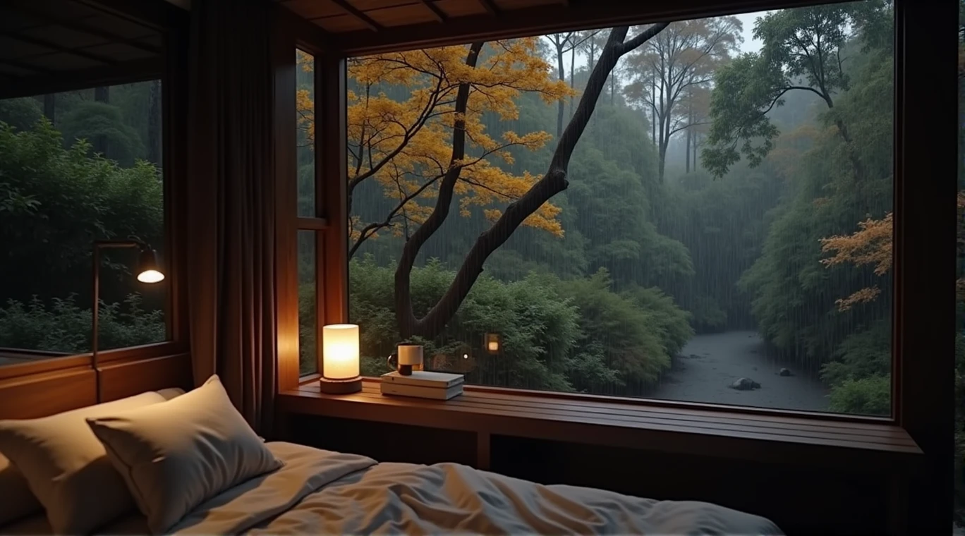 Bedroom japanase tradisional, mid night rain in forest