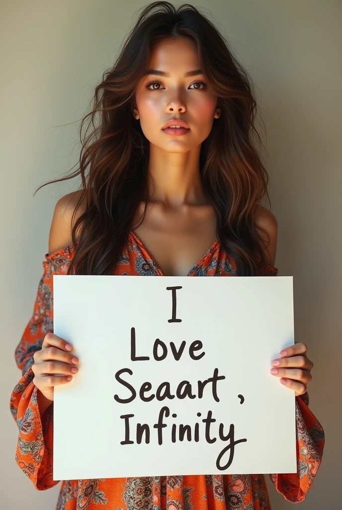 Beautiful girl with wavy long hair, bohemian dress, holding a white board with text "I Love Seaart Infinity" and showing it to the viewer